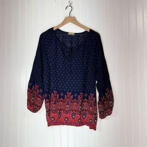 Toomi XXL Boho Peasant Navy Blue Red Paisley Floral Border Print Top Flowy Tunic
